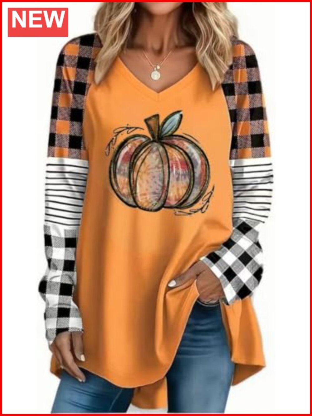 Halloween Fall V Neck Raglan Shirt Plaid Striped Long Sleeve Tunic Top